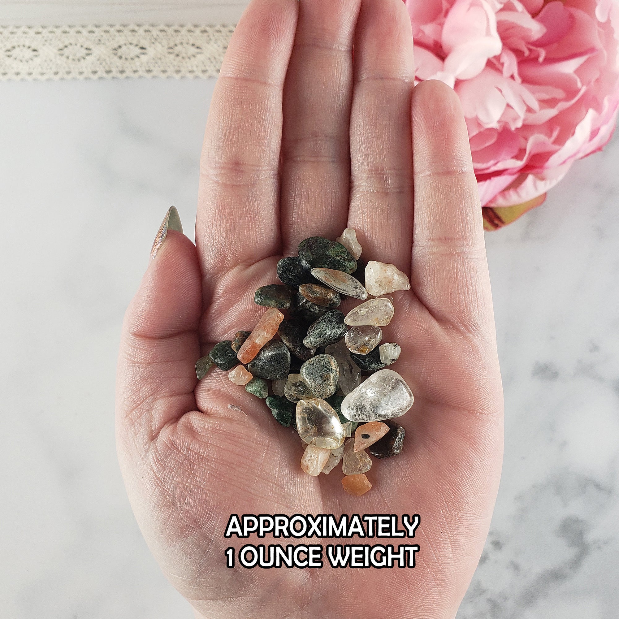 Sparkling Success Natural Crystal Confetti Chips Mix By the Ounce | Quartz Crystal, Garnet, Sunstone, & Green Aventurine - 1