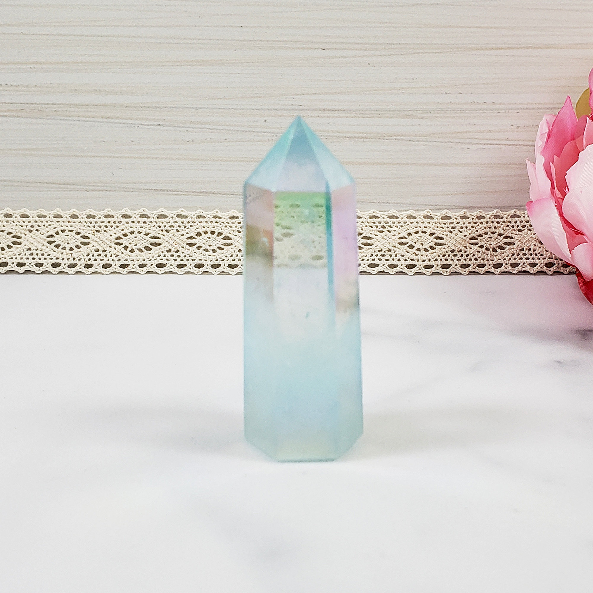 Unique Pastel Aqua Aura Quartz Crystal Tower Rainbow Crystal Point - Spring - 3