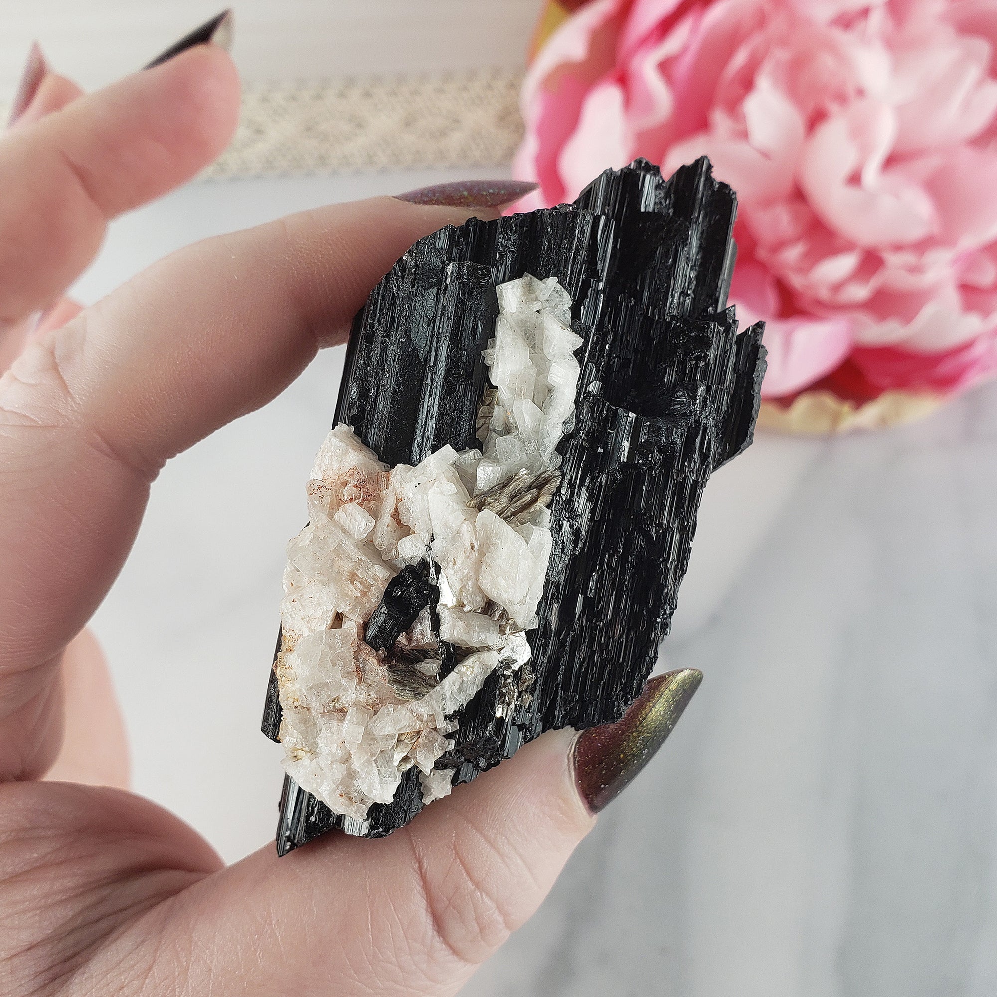 Unique Large Raw Black Tourmaline Crystal with Feldspar Natural Rough Gemstone | Stability