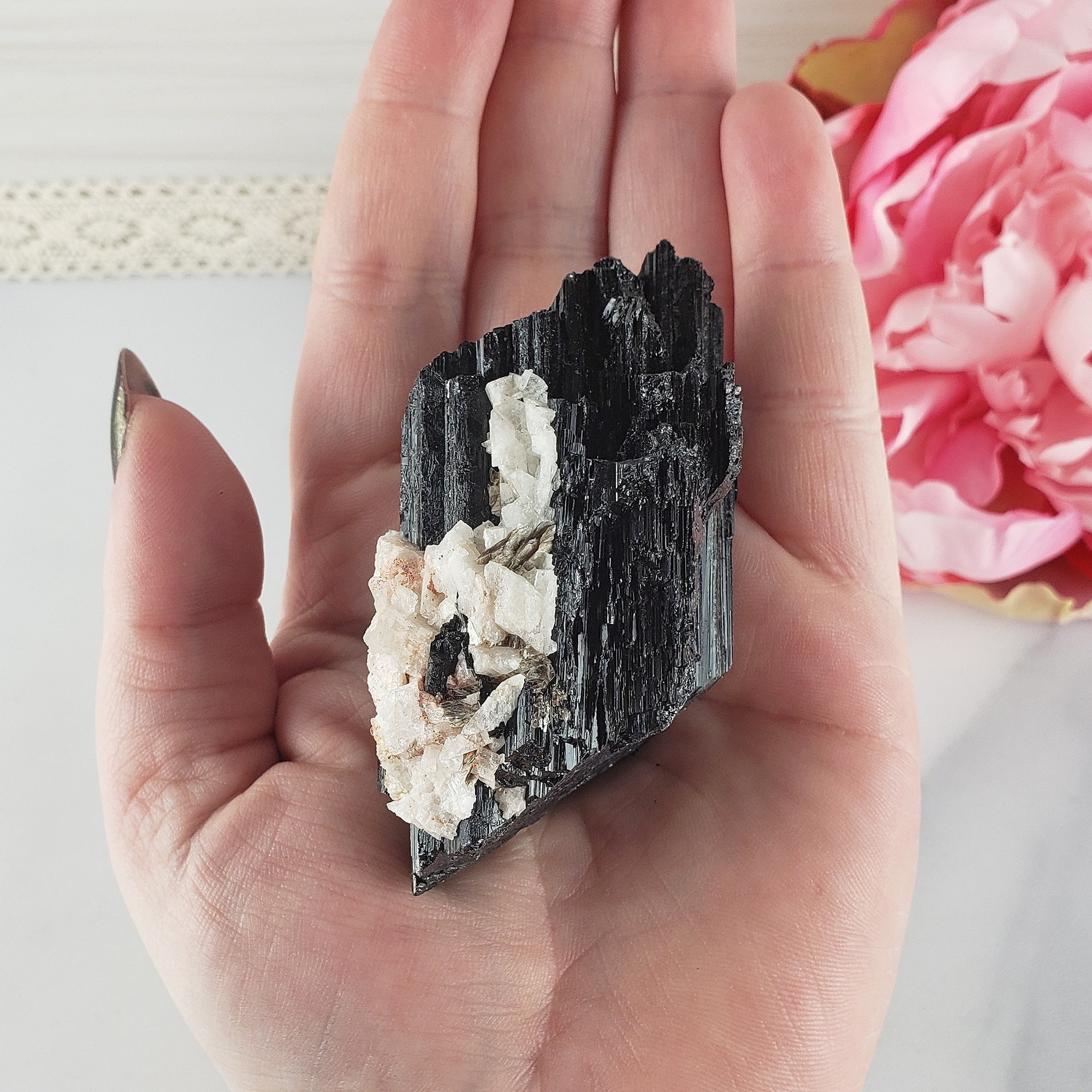 Unique Large Raw Black Tourmaline Crystal with Feldspar Natural Rough Gemstone | Stability - 1