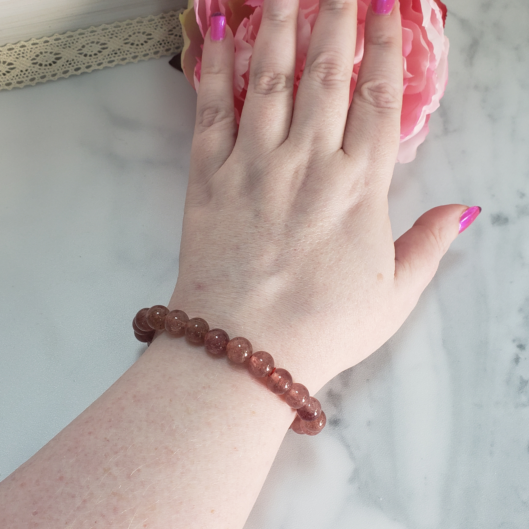 Strawberry Quartz Natural Gemstone 7-8mm Bead Bracelet - Stretch Bracelet on Wrist
