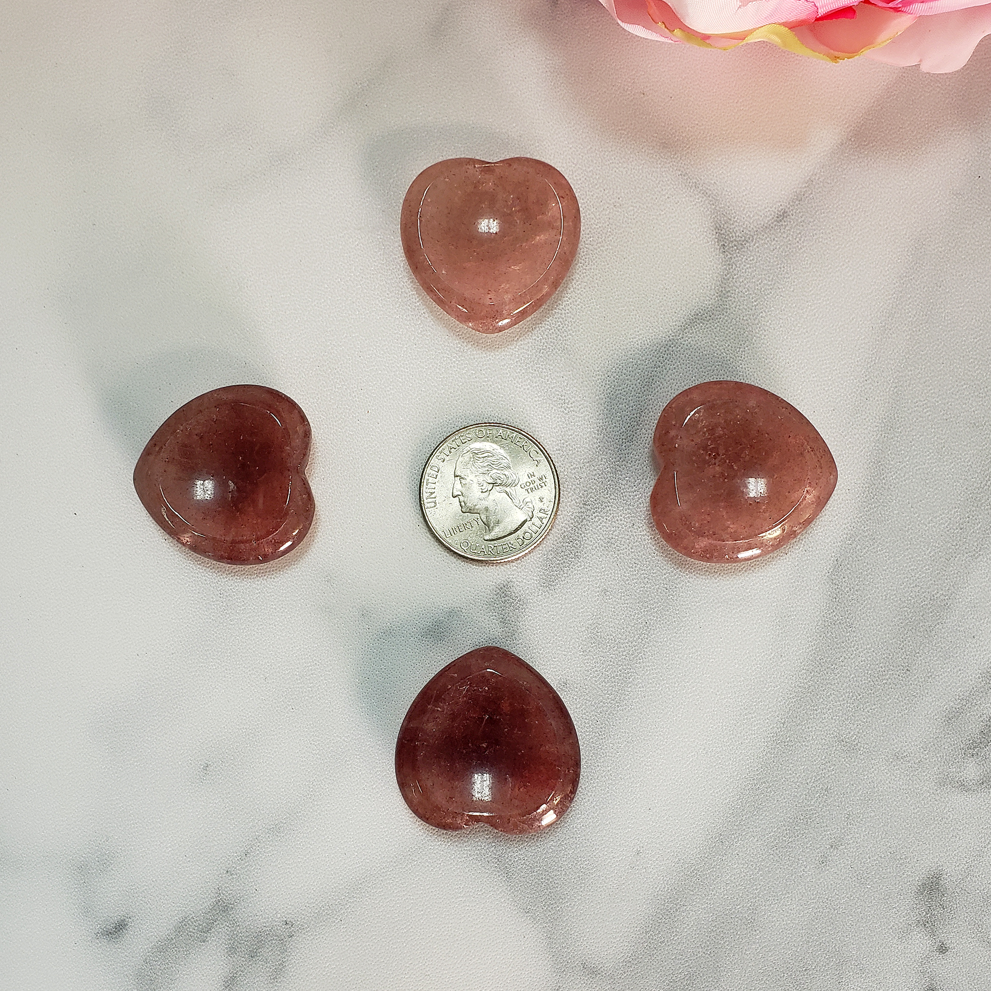 Strawberry Quartz Crystal Heart Shaped Worry Stone - Size Comparison