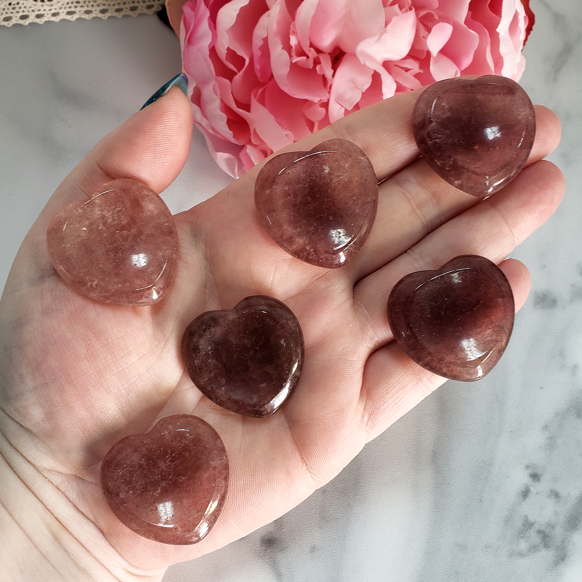 Strawberry Quartz Crystal Heart Shaped Worry Stone - Crystal Palm Stones in Hand
