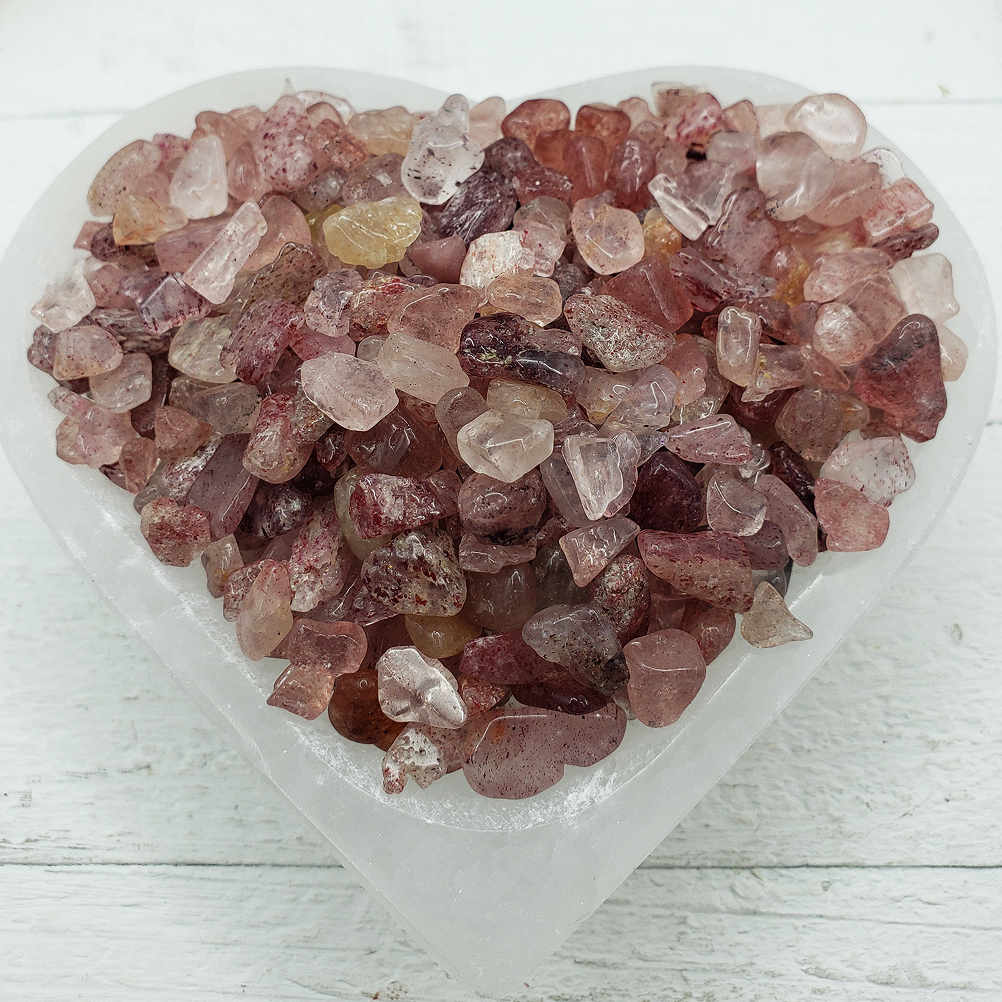 Strawberry Quartz Crystal Natural Gemstone Chips By the Ounce - in Selenite Bowl