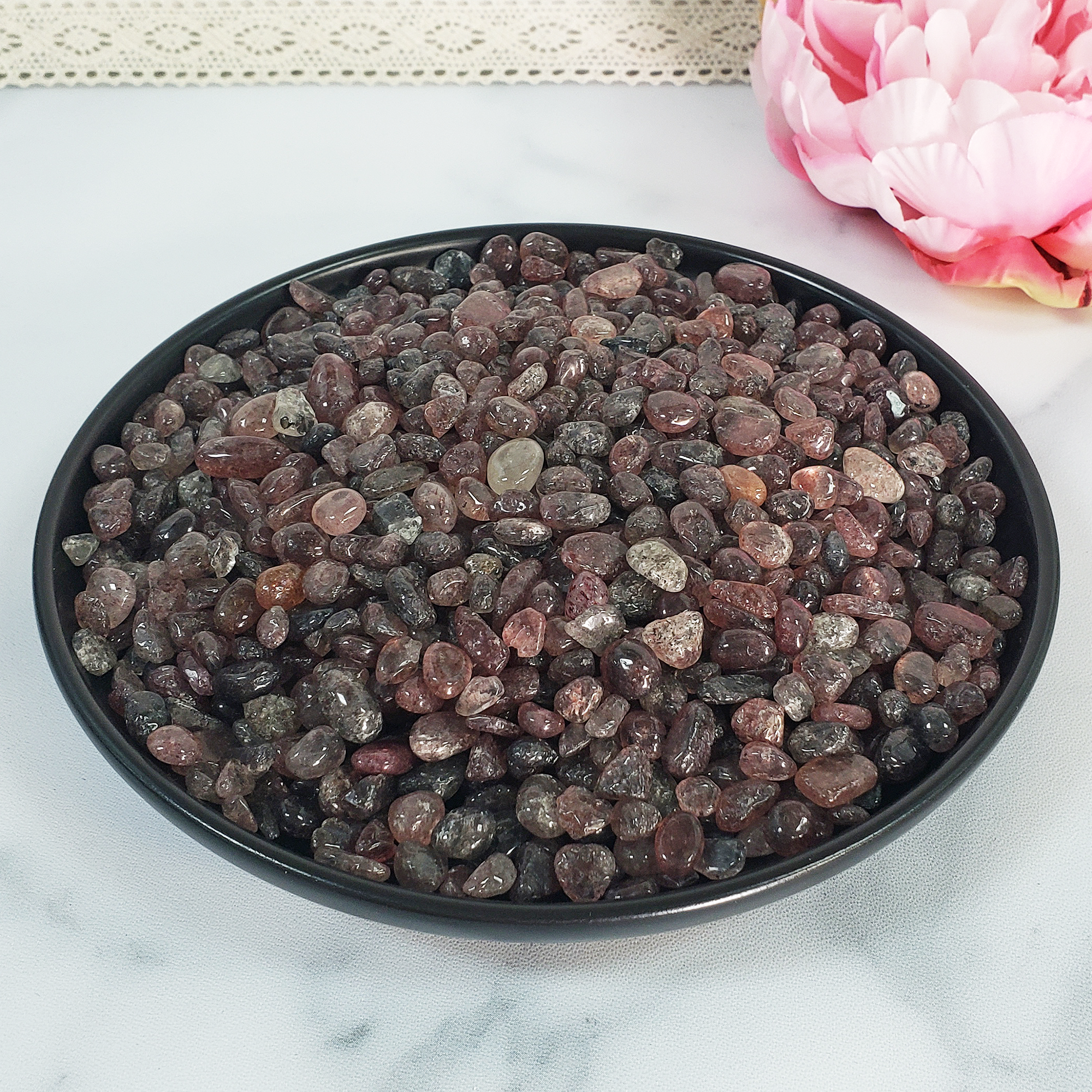 Strawberry Quartz Crystal Natural Gemstone Chips By the Ounce - in Black Ceramic Plate