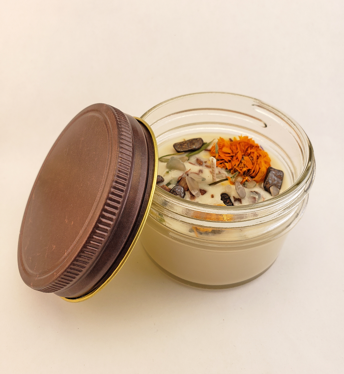 Coconut Soy Wax Handmade Scented Jar Candle & Crystal Chips - Strength - Scented with Essential Oils - Decorated with Dried Herbs
