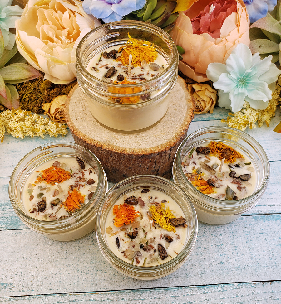 Coconut Soy Wax Handmade Scented Jar Candle & Crystal Chips - Strength - Scented with Essential Oils - Decorated with Dried Herbs  and Crystal Chips - Bronzite and Agate