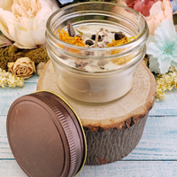 Coconut Soy Wax Handmade Scented Jar Candle & Crystal Chips - Strength - Scented with Essential Oils - Decorated with Dried Herbs  and Crystal Chips - Bronzite and Agate - Calendula