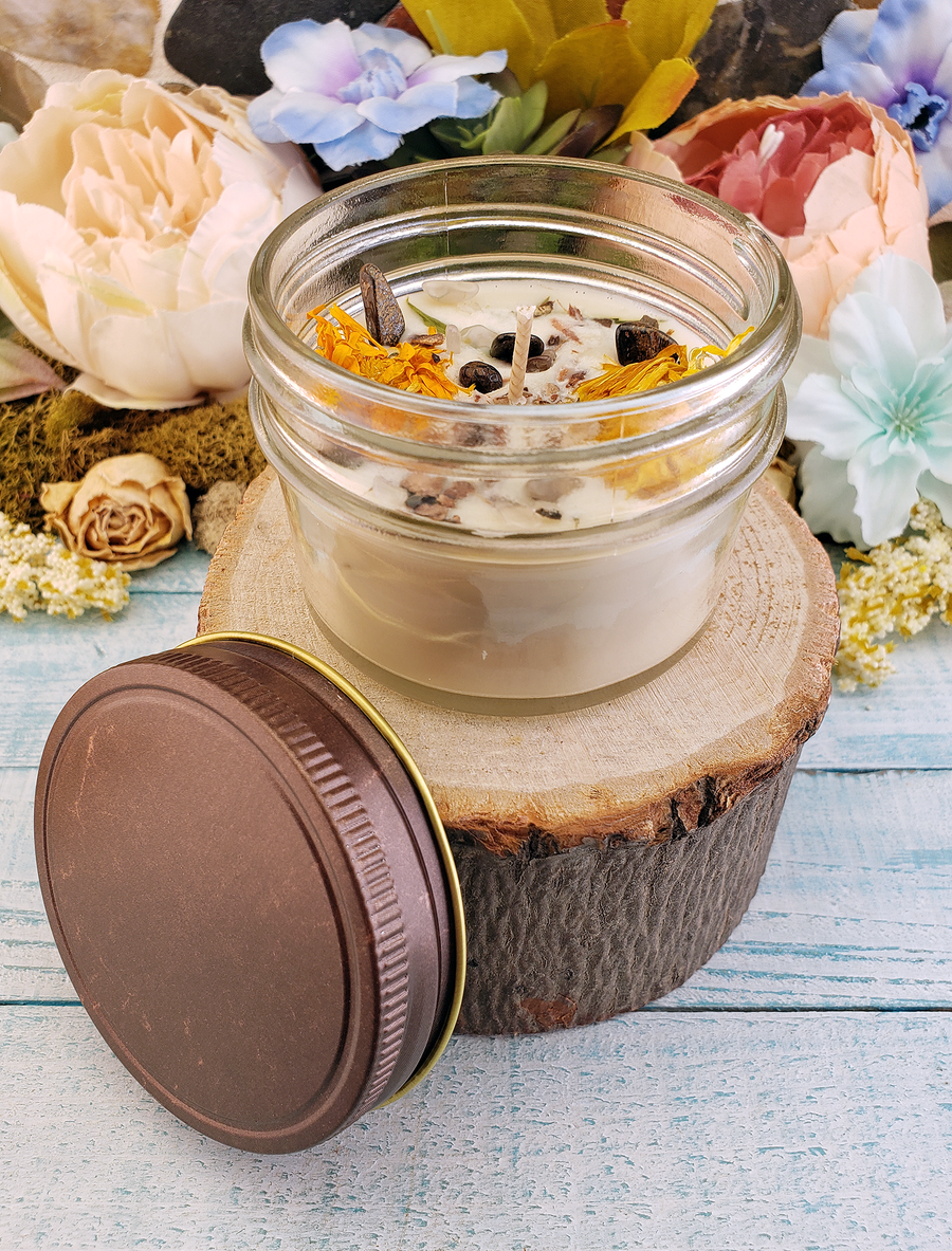 Coconut Soy Wax Handmade Scented Jar Candle & Crystal Chips - Strength - Scented with Essential Oils - Decorated with Dried Herbs  and Crystal Chips - Bronzite and Agate - Calendula
