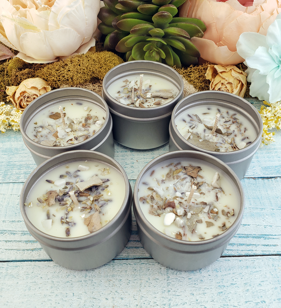 Stress Relief - 2oz Natural Coconut Soy Wax Handmade Scented Candle - Scented with Essential Oils - White Sage Lavender Dried Herbs - Howlite Mica Crystal Chips - Candle in 2oz Tin