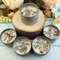 Stress Relief - 2oz Natural Coconut Soy Wax Handmade Scented Candle - Scented with Essential Oils - White Sage Lavender Dried Herbs - Howlite Mica Crystal Chips