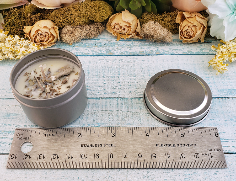 Stress Relief - 2oz Natural Coconut Soy Wax Handmade Scented Candle - Scented with Essential Oils - White Sage Lavender Dried Herbs - Howlite Mica Crystal Chips - Measurements