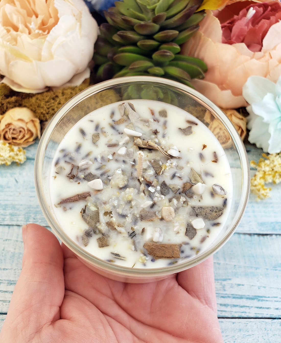 Stress Relief - Coconut Soy Wax Handmade Scented Tumbler Candle - Scented with Essential Oils - Dried Herbs White Sage Lavender - Crystal Chips Howlite Mica - Lavender Bergamot Chamomile Peppermint Scented