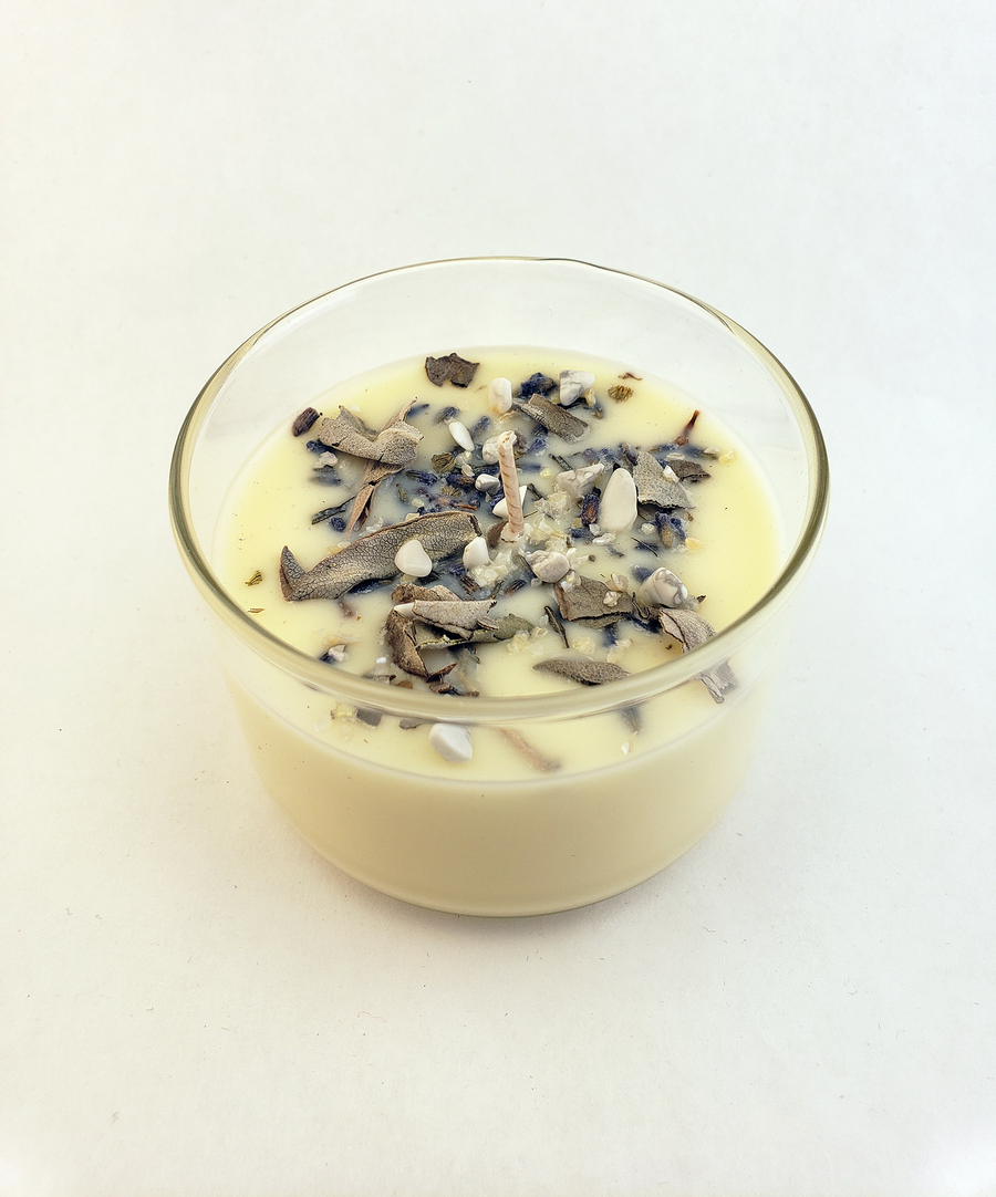 Stress Relief - Coconut Soy Wax Handmade Scented Tumbler Candle - Scented with Essential Oils - Dried Herbs White Sage Lavender - Crystal Chips Howlite Mica - Lavender Bergamot Chamomile Peppermint Scented - Aromatherapy