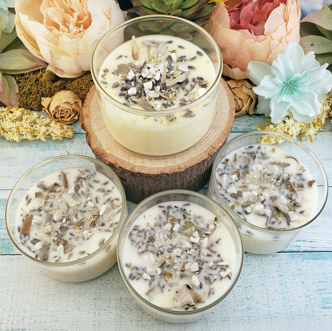 Stress Relief - Coconut Soy Wax Handmade Scented Tumbler Candle - Scented with Essential Oils - Dried Herbs White Sage Lavender - Crystal Chips Howlite Mica - Lavender Bergamot Chamomile Peppermint Scented - Aromatherapy Meditation Self Love