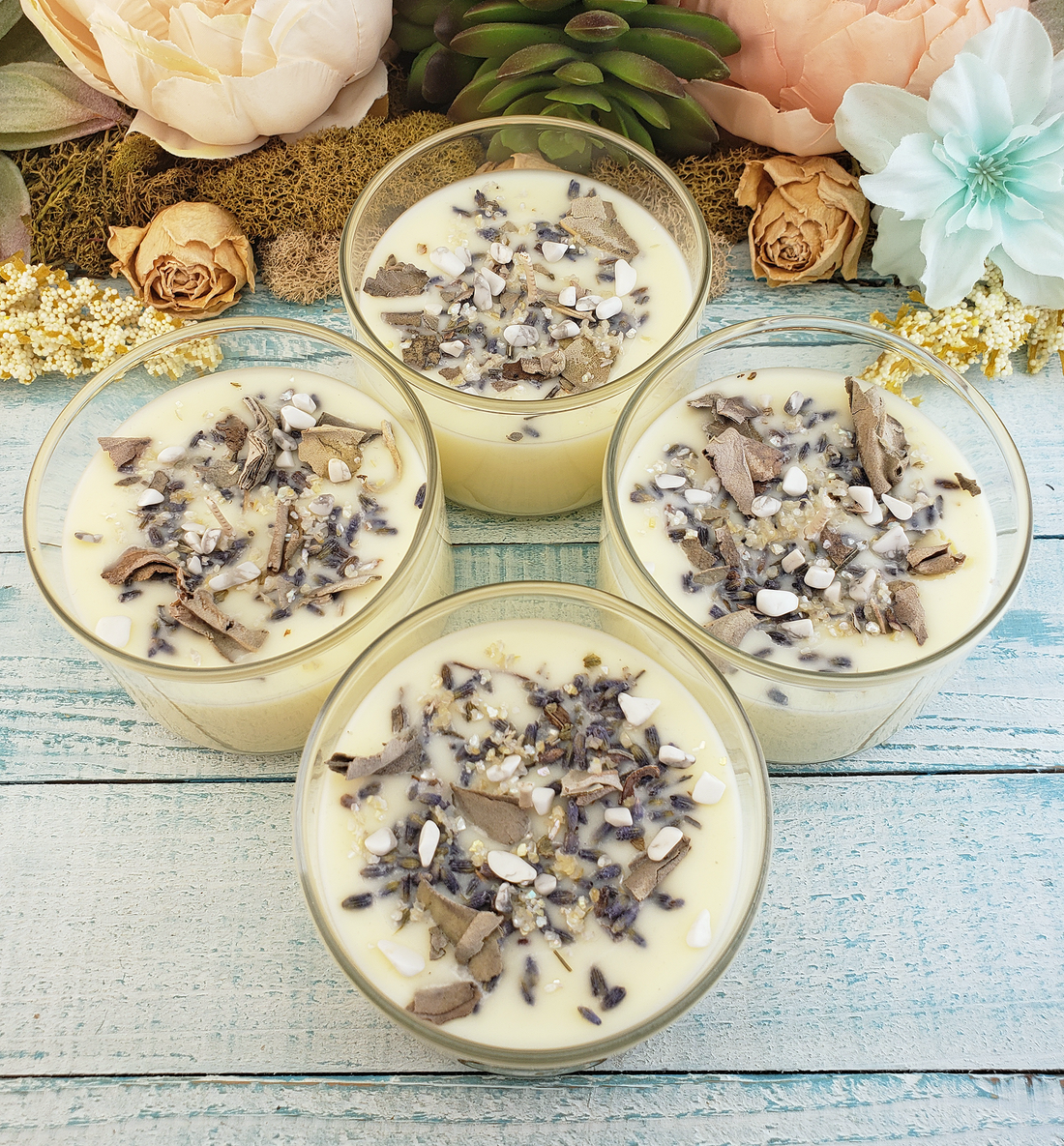Stress Relief - Coconut Soy Wax Handmade Scented Tumbler Candle - Scented with Essential Oils - Dried Herbs White Sage Lavender - Crystal Chips Howlite Mica