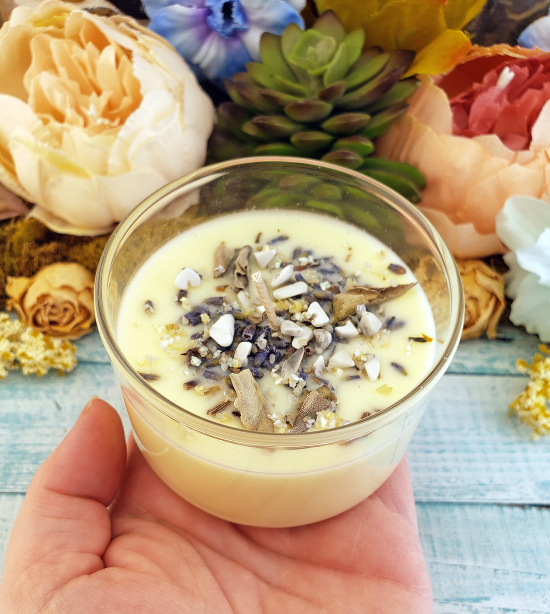 Stress Relief - Coconut Soy Wax Handmade Scented Tumbler Candle - Scented with Essential Oils - Dried Herbs White Sage Lavender