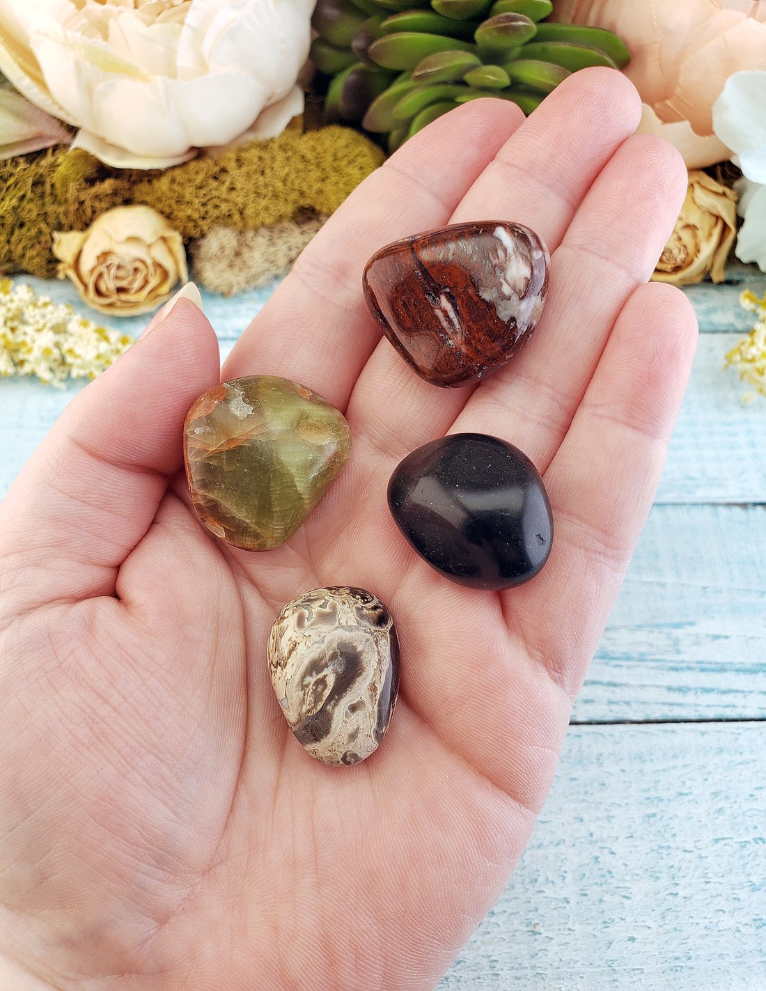 Stress Relief & Peace - Set of Four Tumbled Stones with Pouch - Black Agate Green Aragonite Red Agatized Wood Palm Root Fossil Petrified Wood