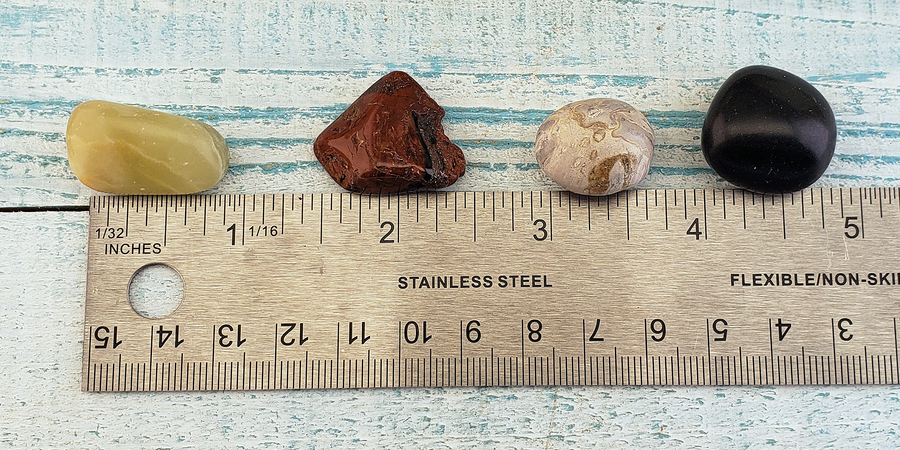 Stress Relief & Peace - Set of Four Tumbled Stones with Pouch - Black Agate Green Aragonite Red Agatized Wood Palm Root Fossil Petrified Wood - Measurements