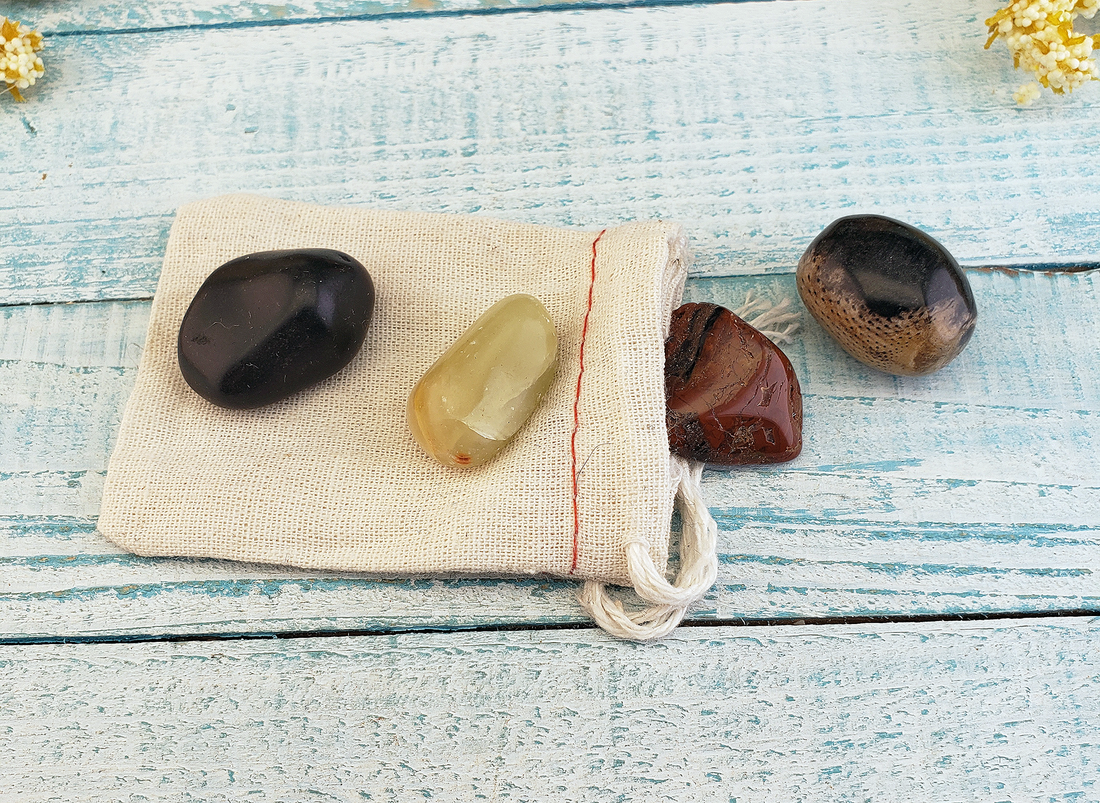 Stress Relief & Peace - Set of Four Tumbled Stones with Pouch - Natural Crystals for Meditation