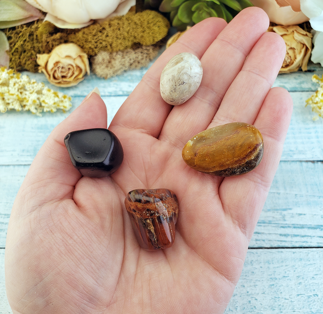 Stress Relief & Peace - Set of Four Tumbled Stones with Pouch - Natural Polished Gemstones