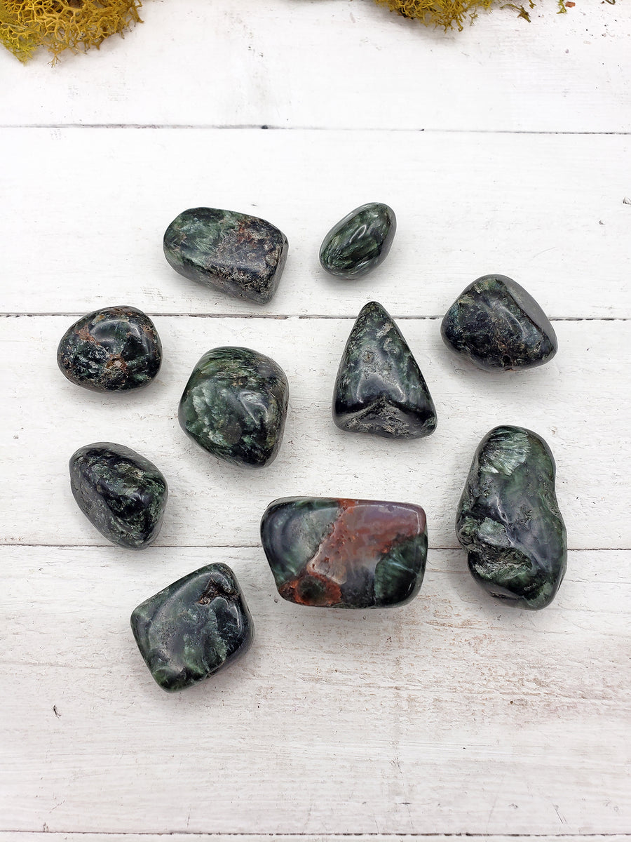 seraphinite stone pieces on display