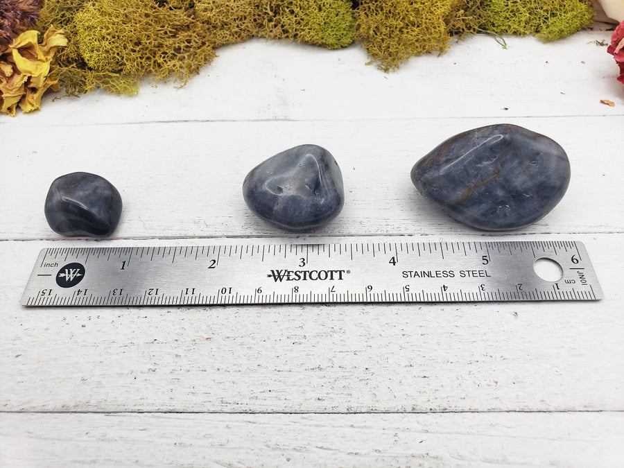 Silver Mist Grey Jasper stones by ruler