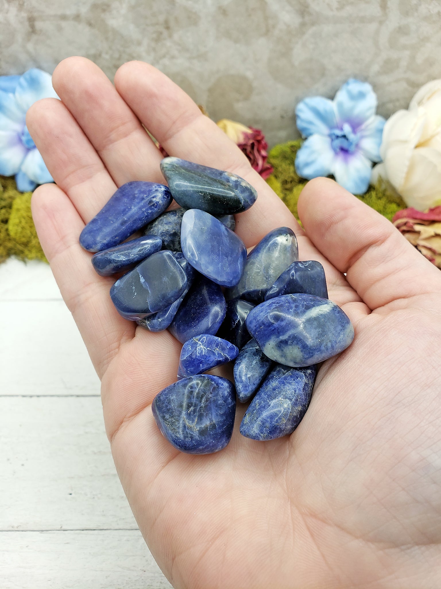 tumbled sodalite in hand