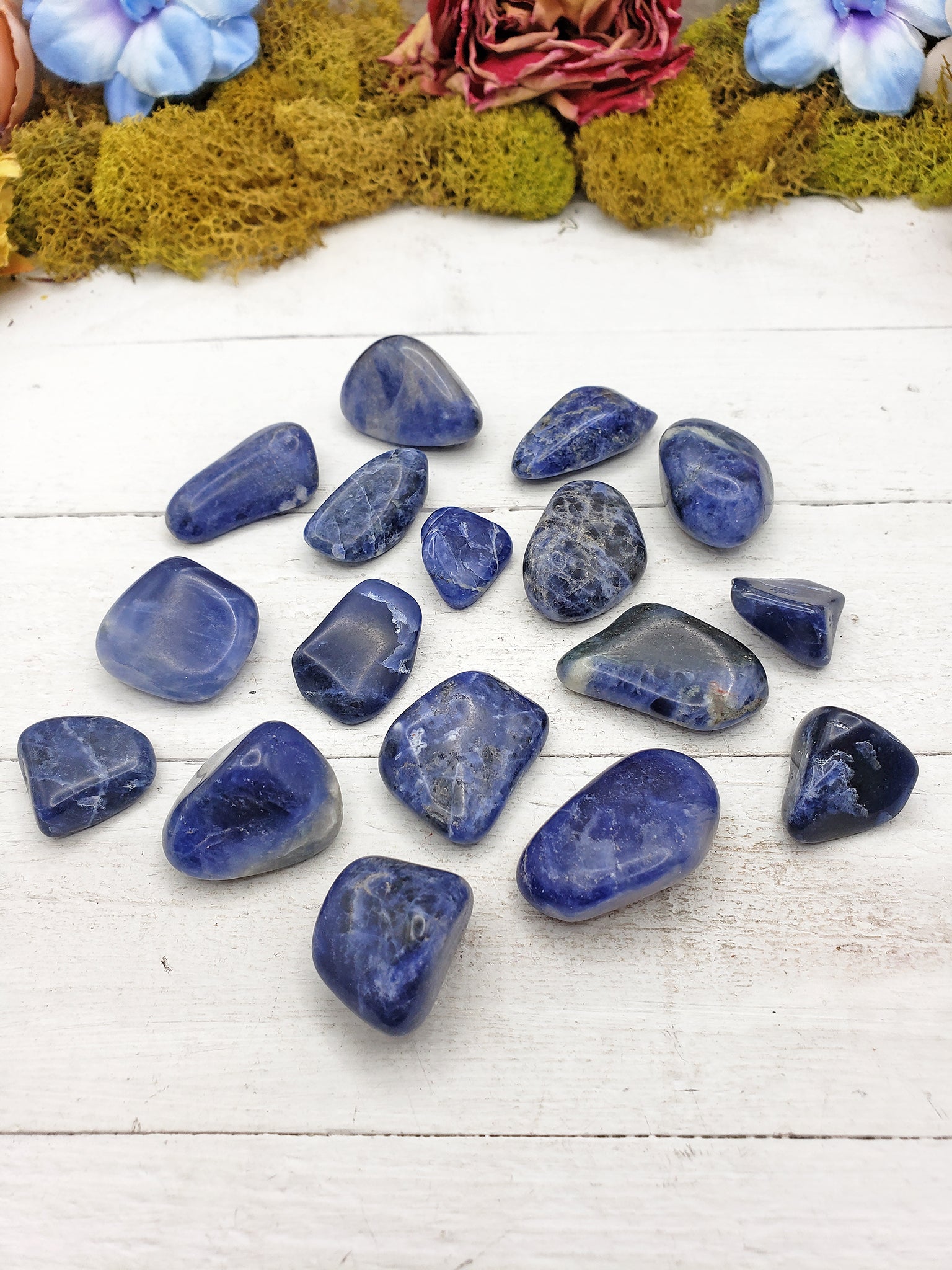 tumbled sodalite on display board