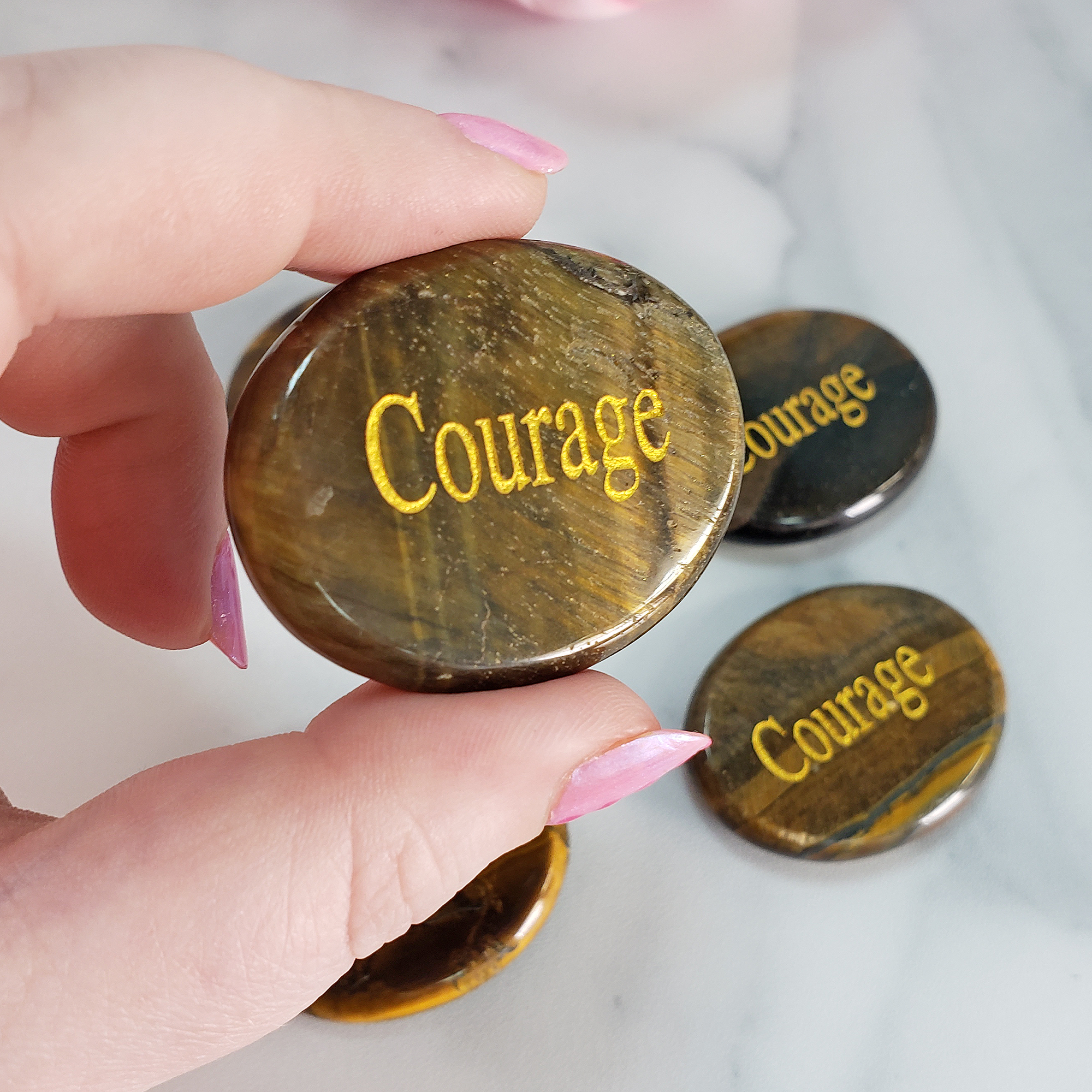 Tigers Eye Courage Affirmation Palm Stone | Natural Crystal Worry Stone with "Courage" Engraving - Close Up 2