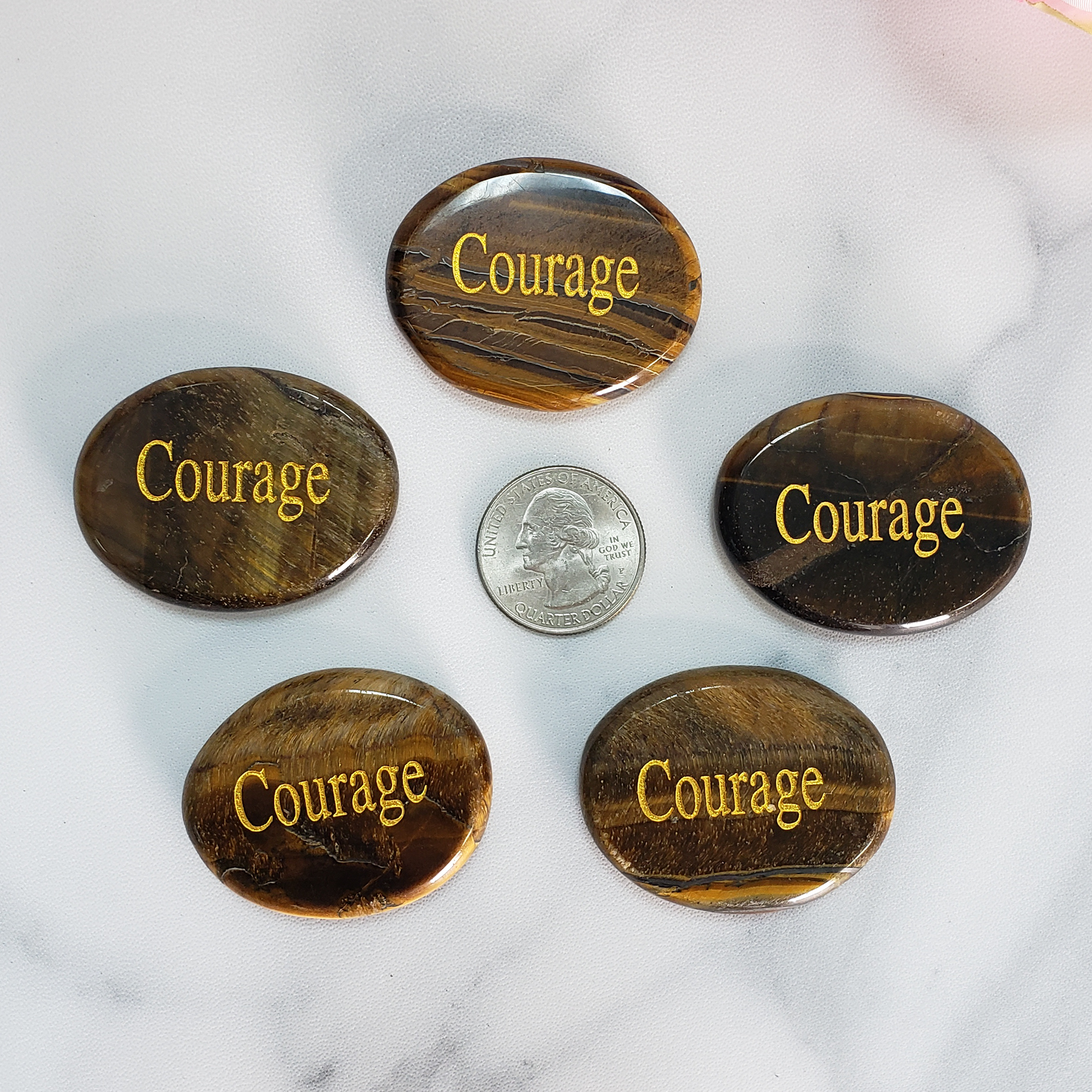 Tigers Eye Courage Affirmation Palm Stone | Natural Crystal Worry Stone with "Courage" Engraving - Size Comparison
