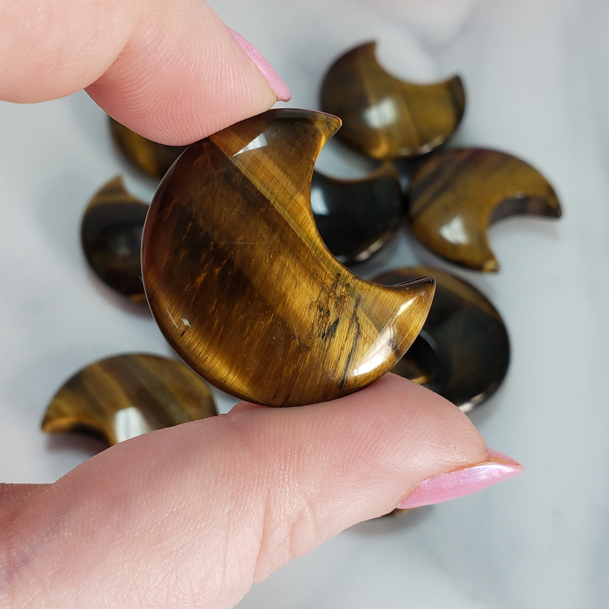 Tigers Eye Natural Crystal Crescent Moon Carving Fidget Stone - Close Up