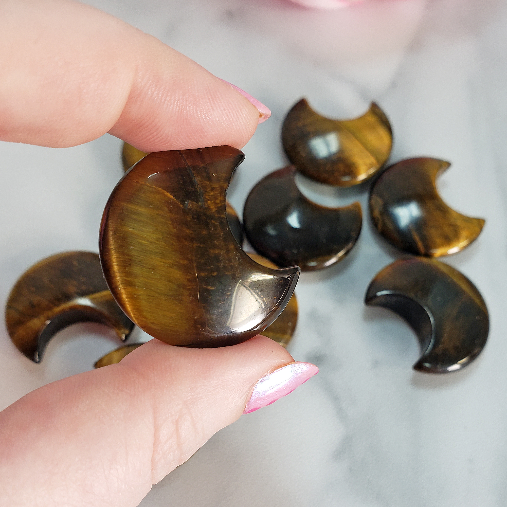 Tigers Eye Natural Crystal Crescent Moon Carving Fidget Stone - Close Up 3