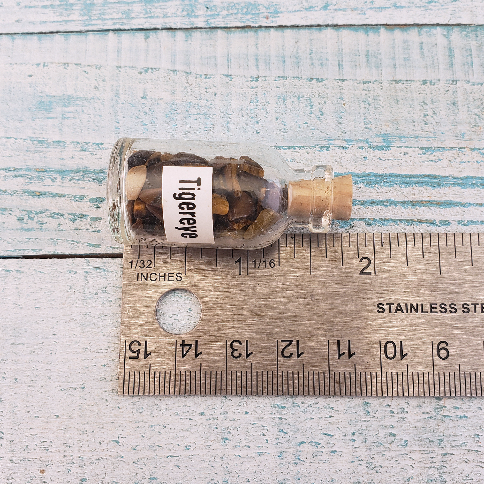 Tigers Eye Natural Crystal Chips Bottle - One Bottle - Measurement