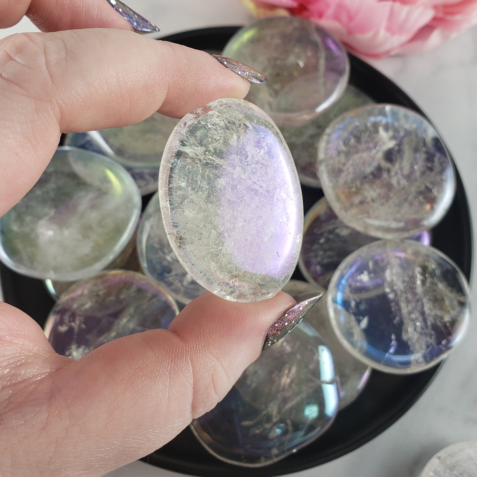 Angel Aura Quartz Crystal Titanium Aura Coated Palm Stone for Meditation - Crown Chakra - Unicorn Aura Quartz