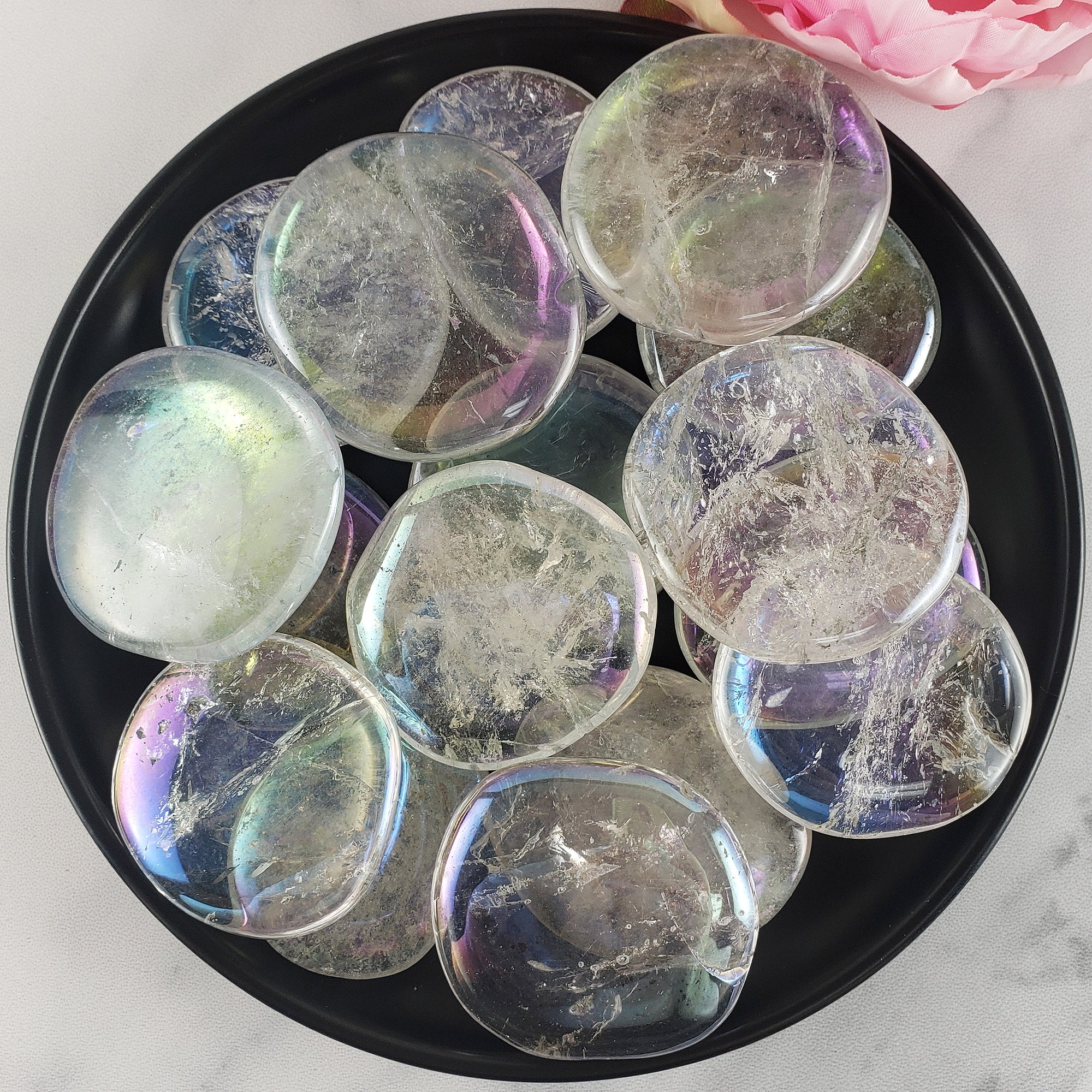 Angel Aura Quartz Crystal Titanium Aura Coated Palm Stone for Meditation - Crown Chakra - Rainbow Quartz