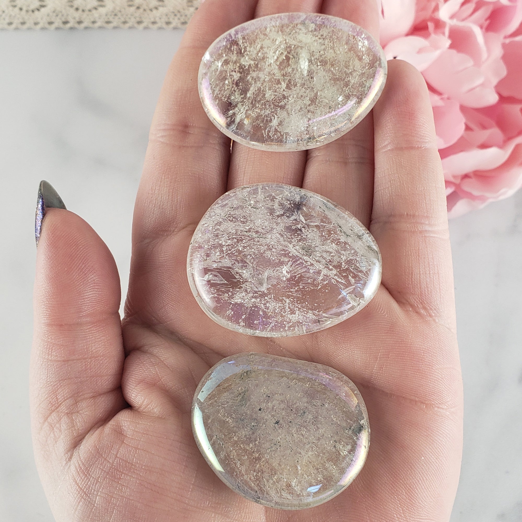 Angel Aura Quartz Crystal Titanium Aura Coated Palm Stone for Meditation - Crown Chakra Balancing