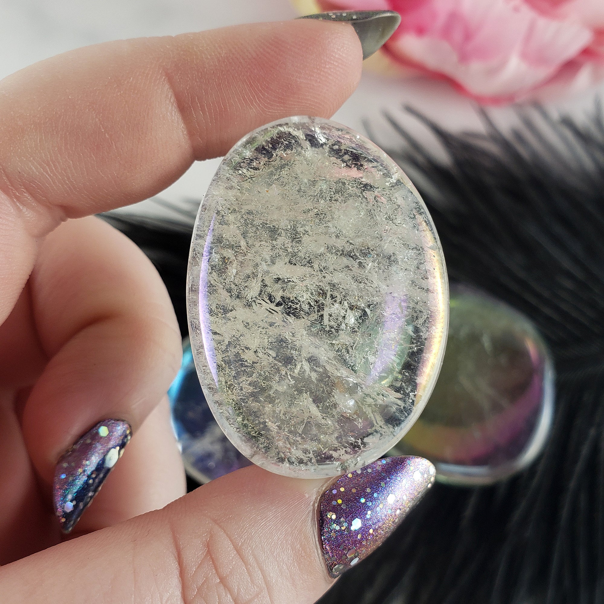 Angel Aura Quartz Crystal Titanium Aura Coated Palm Stone for Meditation - Crown Chakra Healing