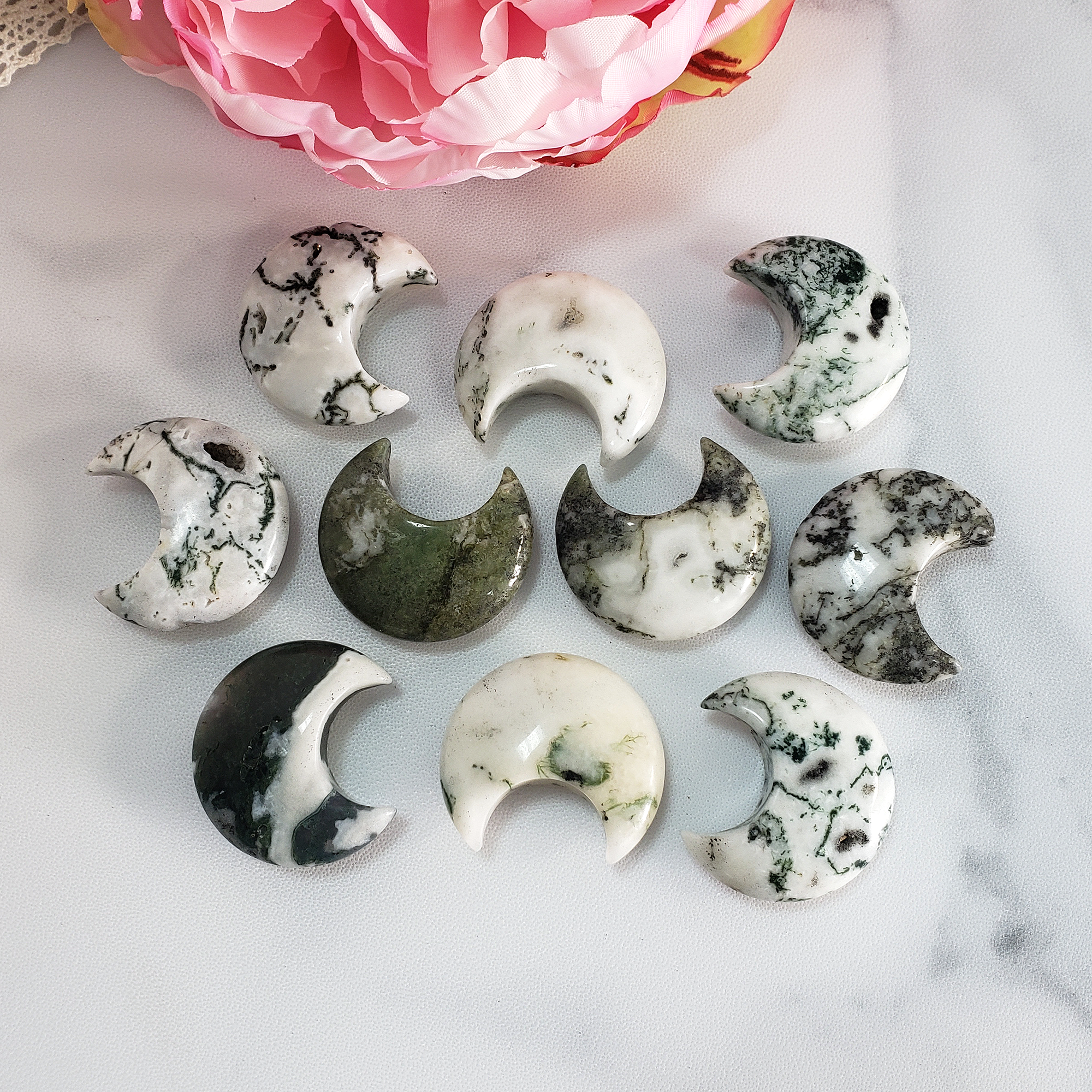 Tree Agate Natural Gemstone Crescent Moon Carving Fidget Stone - Moss Agate Tree Agate Crystal Worry Stones