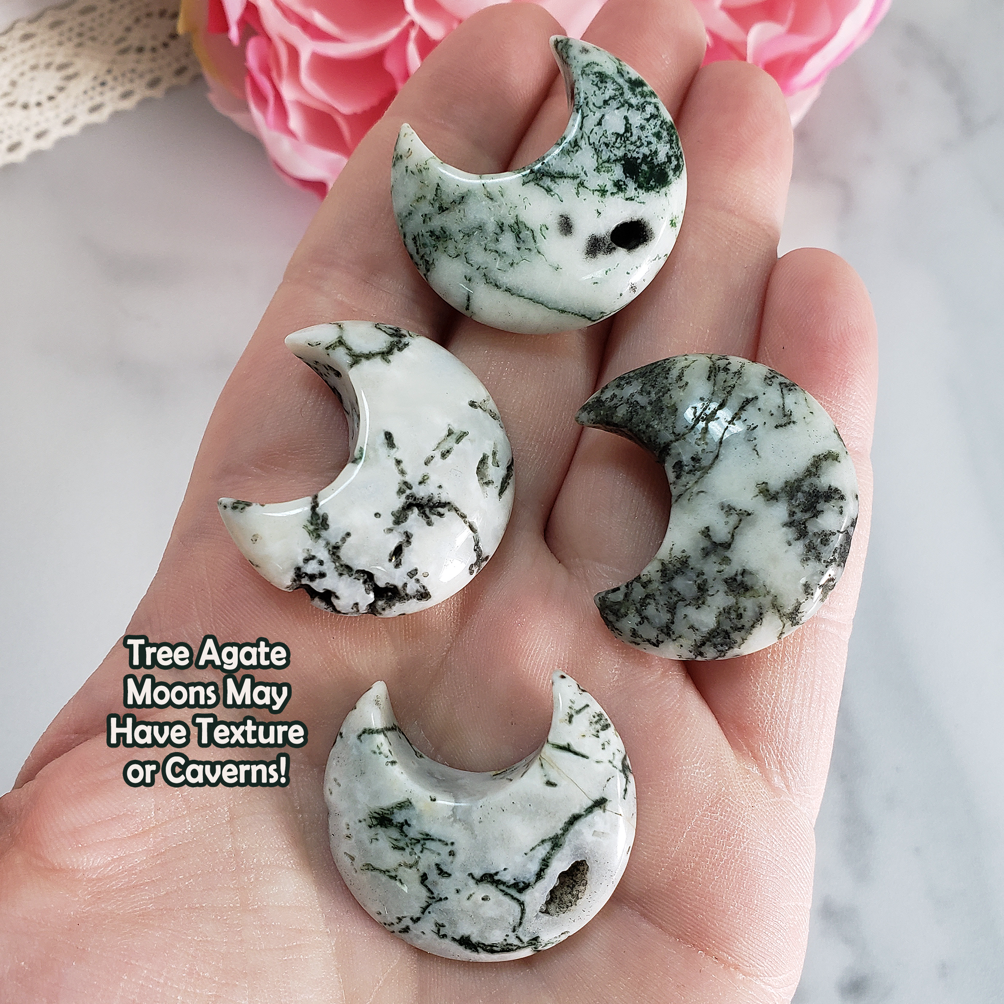 Tree Agate Natural Gemstone Crescent Moon Carving Fidget Stone - Tree Agate Moons May Feature Texture or Natural Druzy Caverns