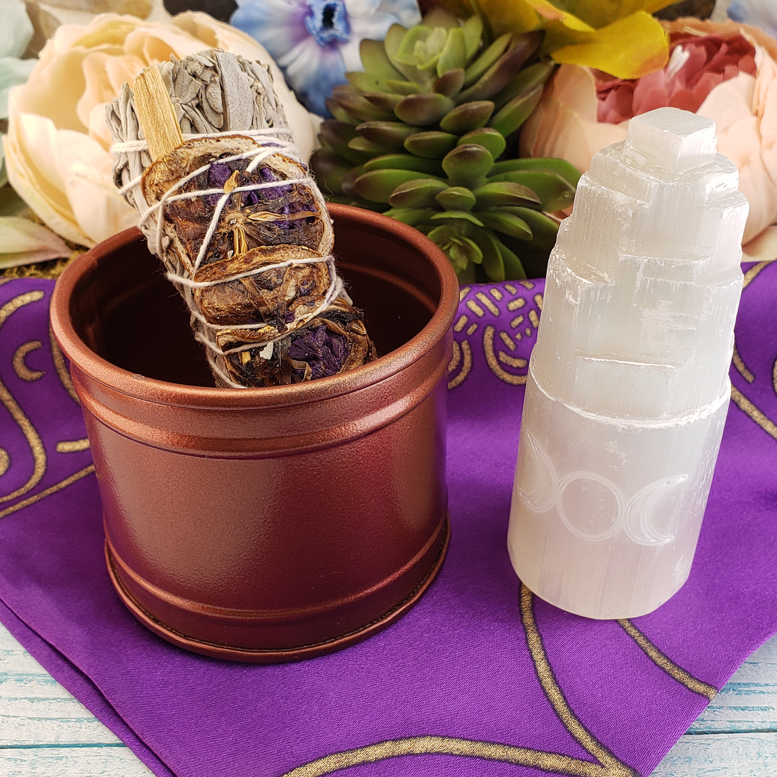 Triple Moon Cleansing Gift Set - Selenite Tower, White Sage, Altar Cloth, & Smudge Pot