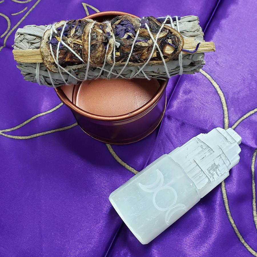 Triple Moon Cleansing Gift Set - Selenite Tower, White Sage, Altar Cloth, & Smudge Pot - Set with Purple Cloth