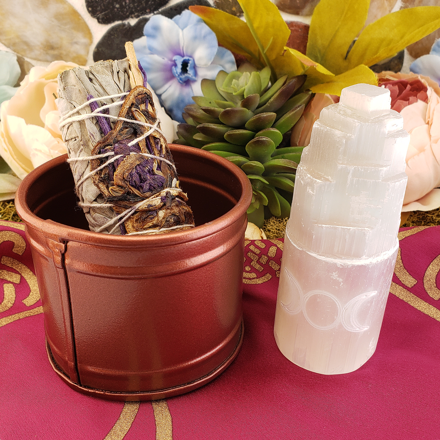 Triple Moon Cleansing Gift Set - Selenite Tower, White Sage, Altar Cloth, & Smudge Pot - Set with Red Cloth