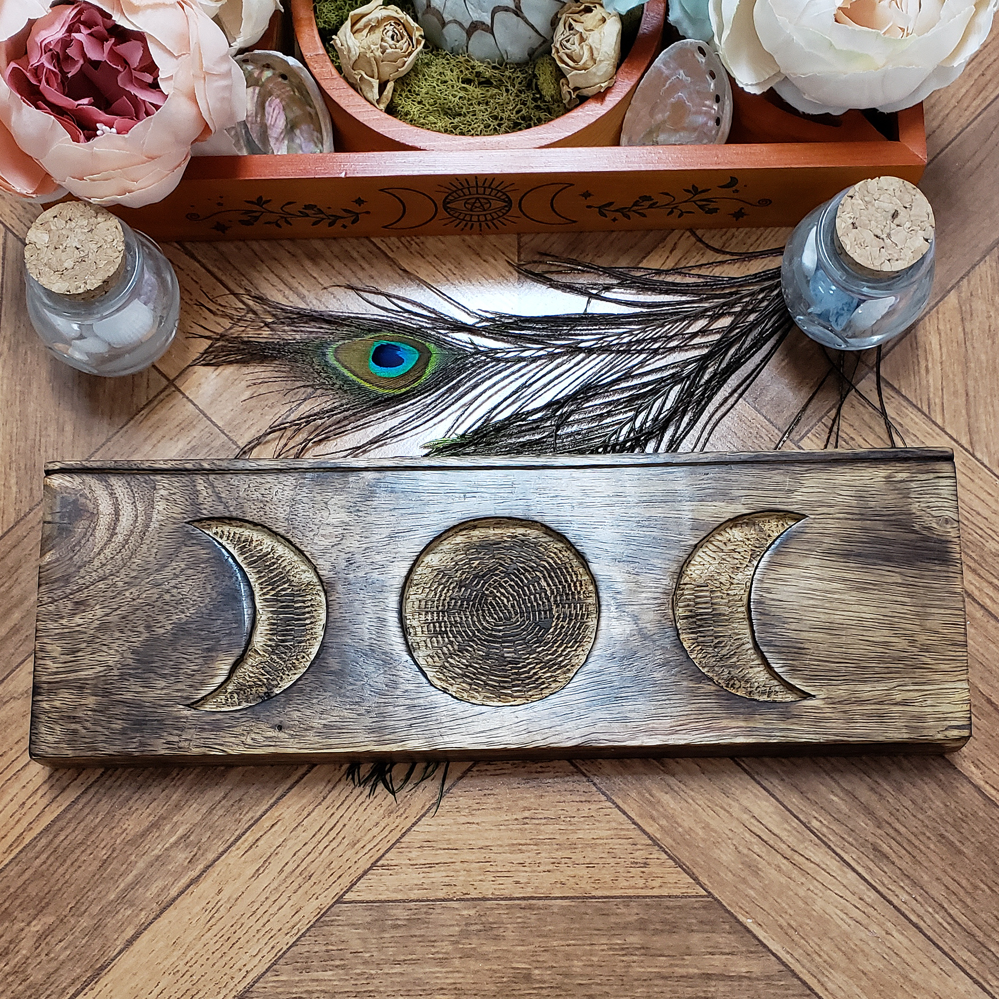 Triple Moon Rustic Wooden Display Stand for Tarot Cards, Crystals, Jewelry, & More - 2
