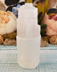 White Selenite Crystal Tower - Engraved with Triquetra - Close Up