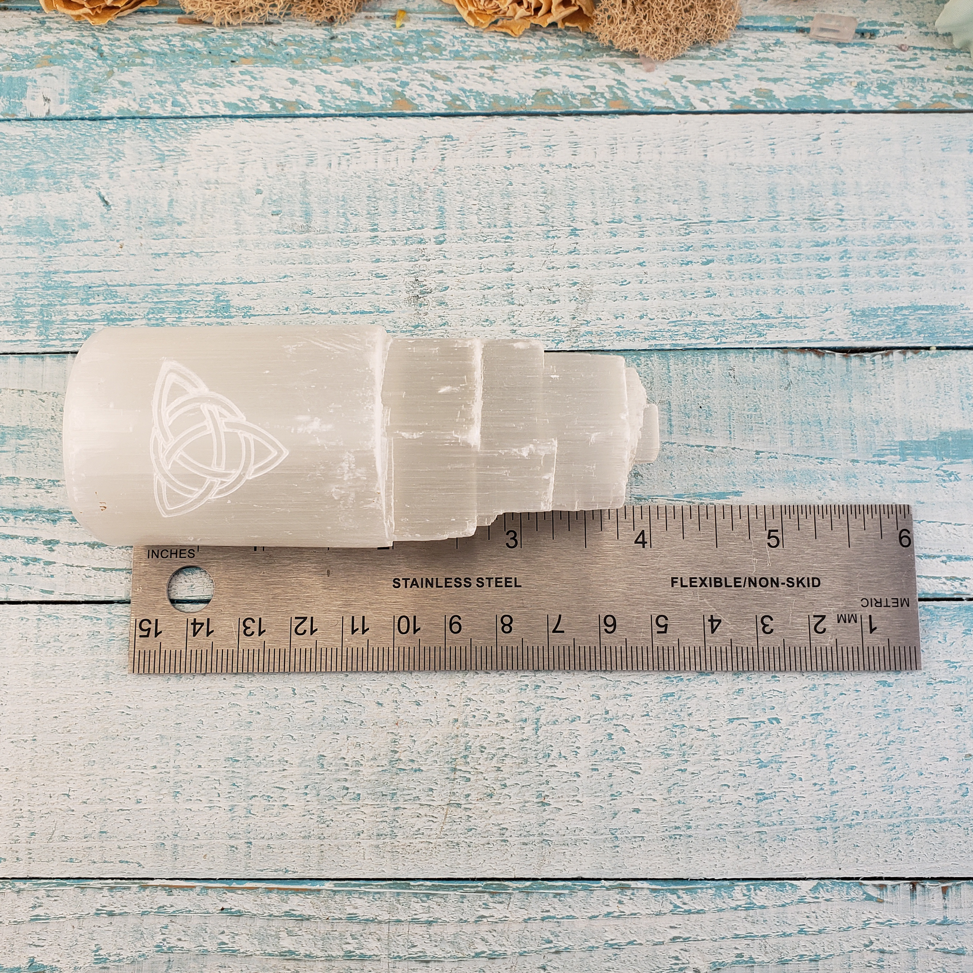 White Selenite Crystal Tower - Engraved with Triquetra - Height Measurement