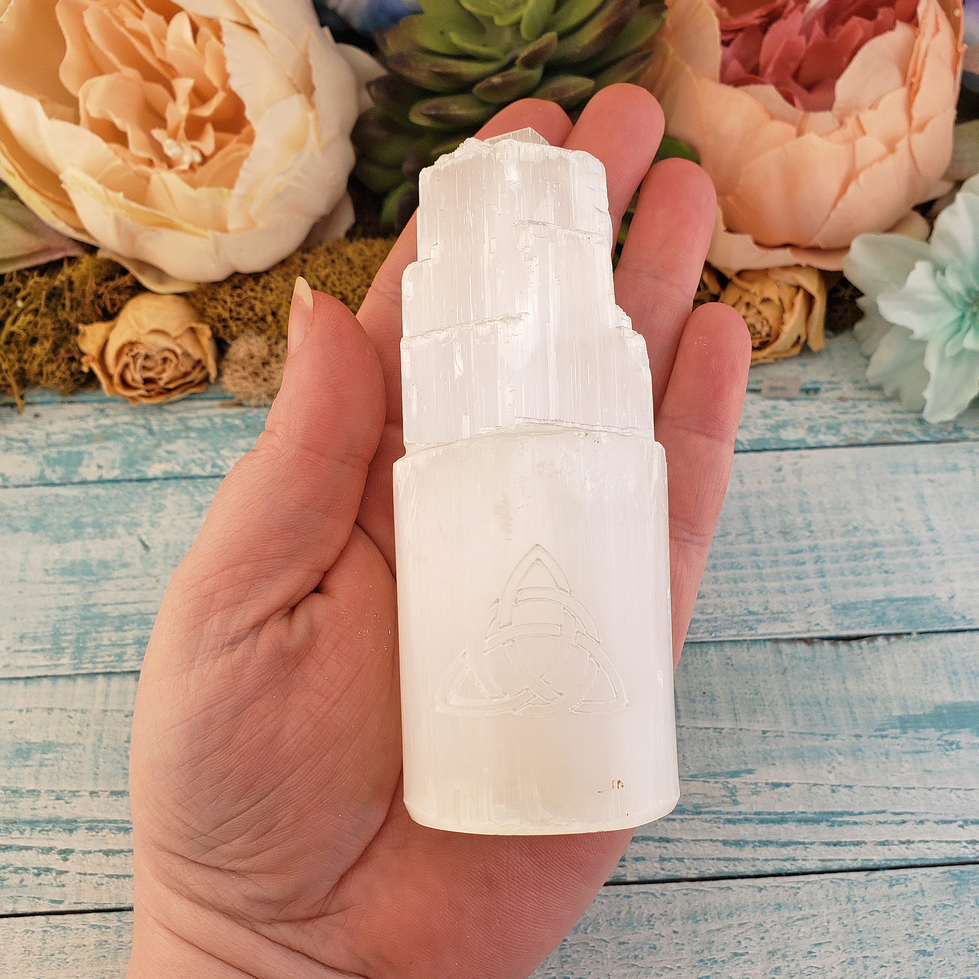 White Selenite Crystal Tower - Engraved with Triquetra - In Hand