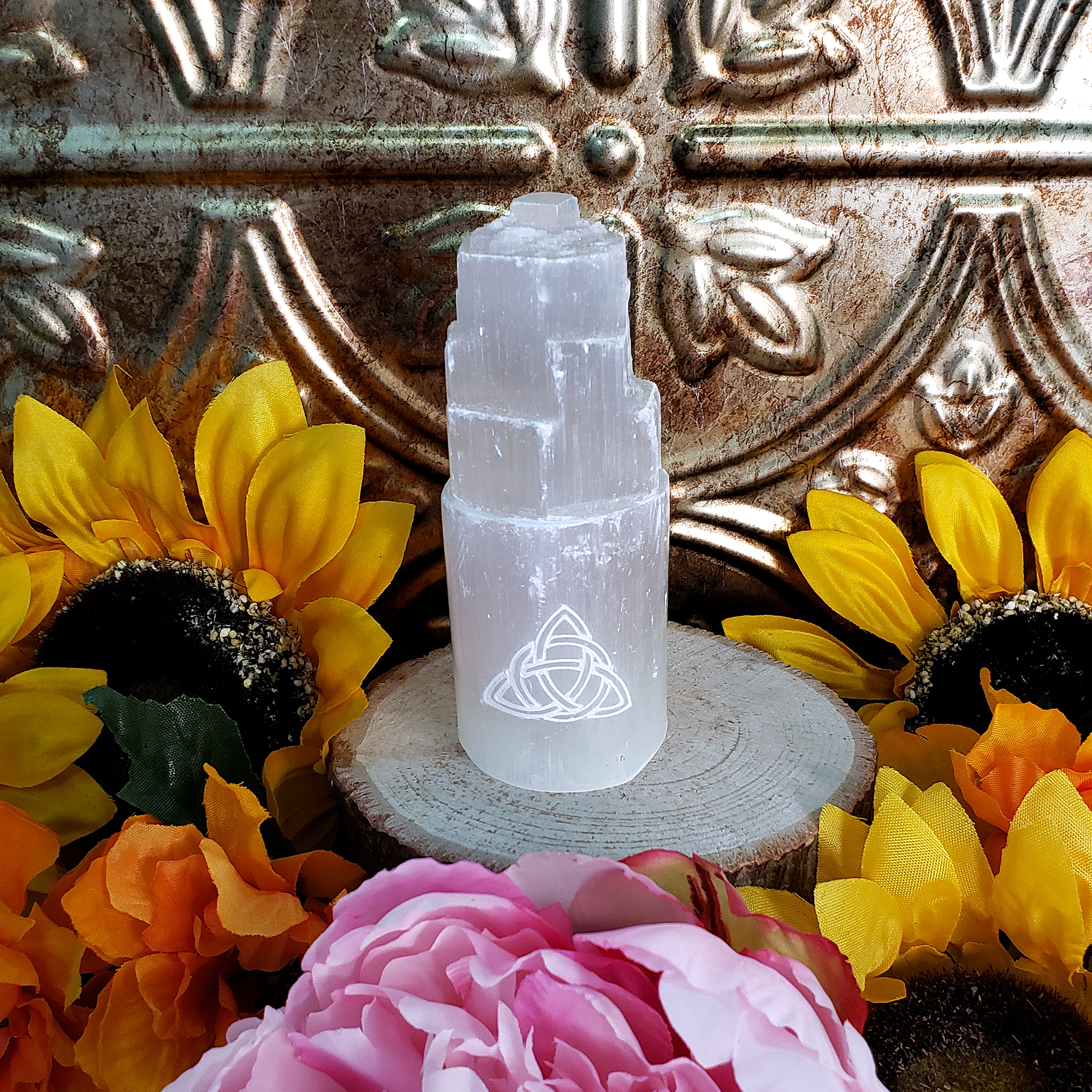 White Selenite Crystal Tower - Engraved with Triquetra - On Wooden Stand