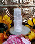 White Selenite Crystal Tower - Engraved with Triquetra - On Wooden Stand
