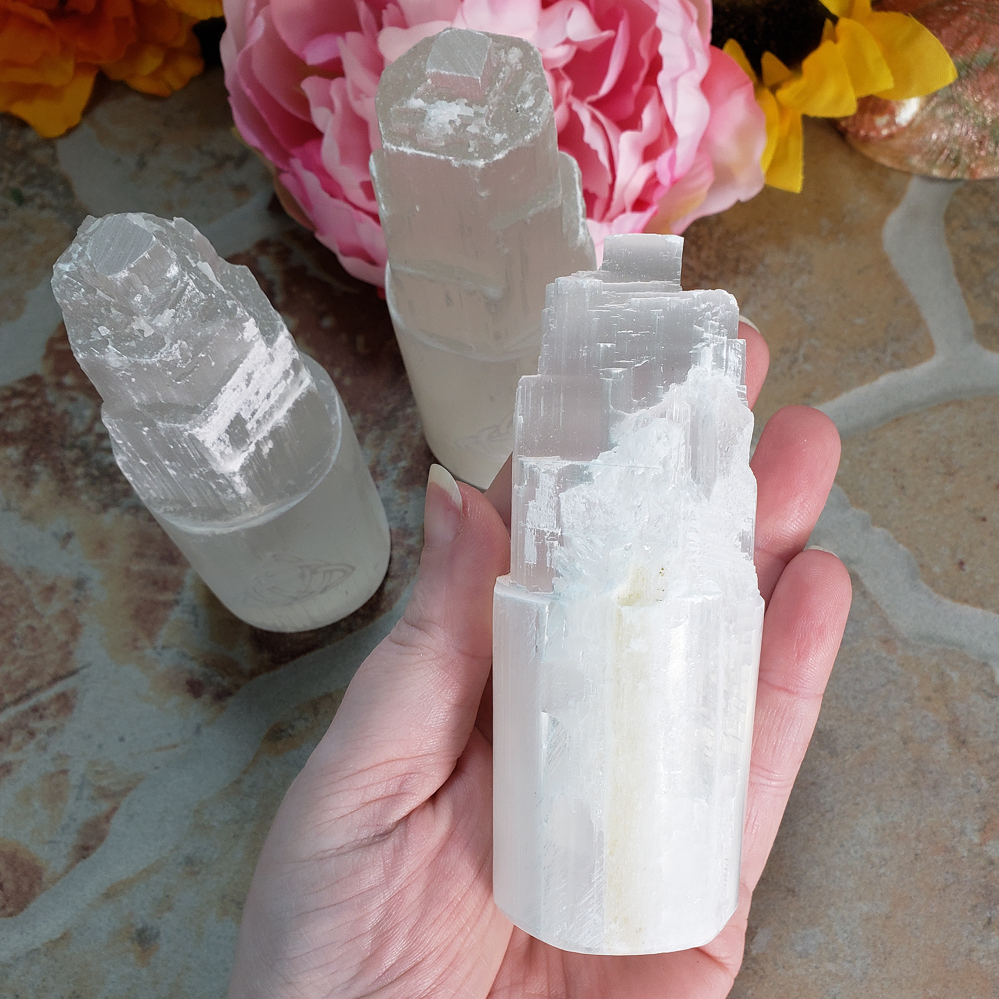White Selenite Crystal Tower - Engraved with Triquetra - Back of Tower